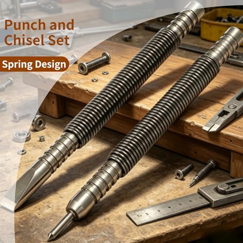 2 Pcs Punch and Chisel Set, Hammerless Cold Chisel and Hinge Pin Punch Set Spring Nail Set Spring Tools Force Door Pin Removal Tool
