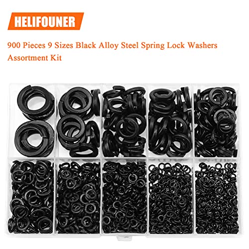 900 Pieces 8.8 Grade Alloy Steel Spring Lock Washers for Screws Bolts, HELIFOUNER Lock Washers Assorted Kit, Split Lock Washers, Lock Metal Washers (M2 M2.5 M3 M4 M5 M6 M8 M10 M12) Lock Washers Assortment Kit Black