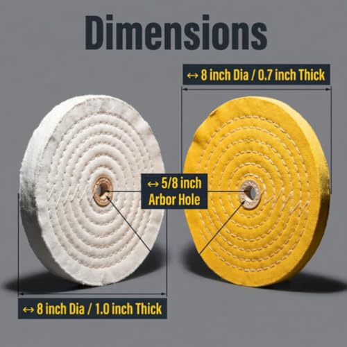 2 Pcs 8" Extra Thick Cotton Buffing Wheel, 5/8" Arbor Hole 2 Pc 8" Buffing Wheel(Yellow+White)