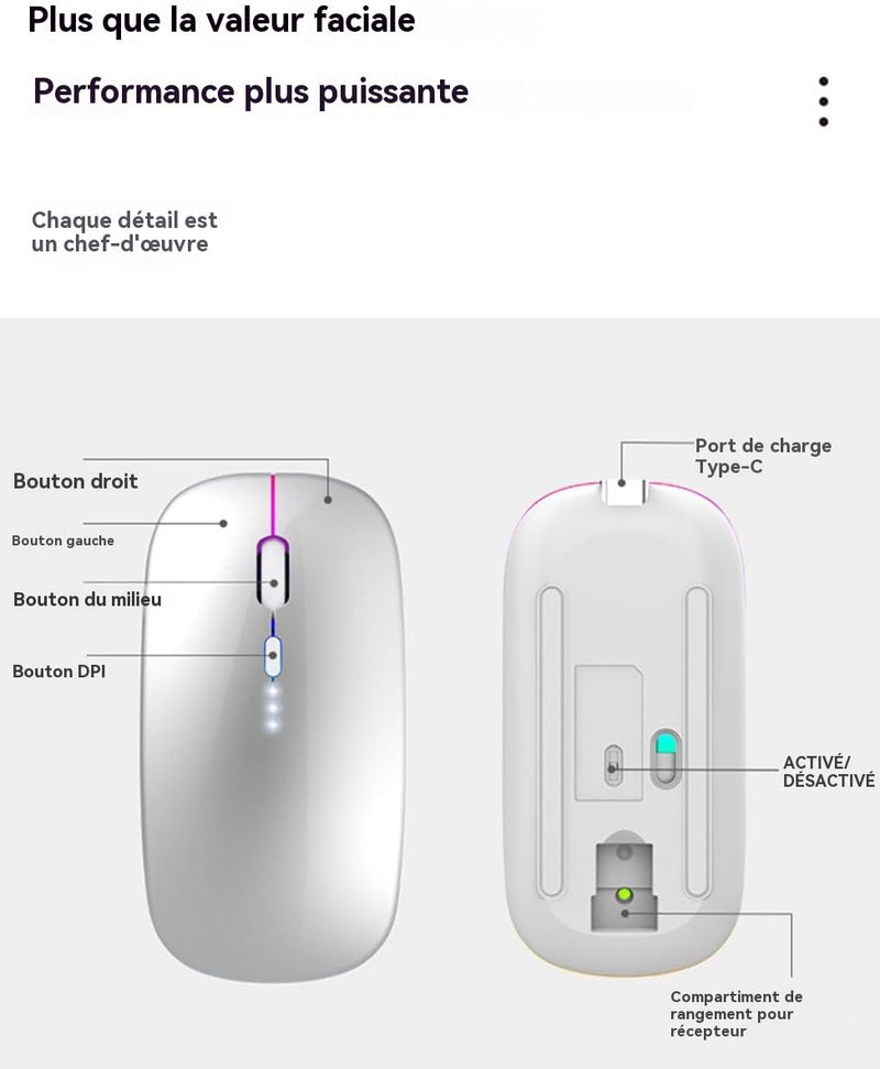 Rechargeable Wireless Mouse, Silent Bluetooth Mouse Silver | Supports Bluetooth 5.2 and 2.4G dual-mode, ergonomic design with LED indicator - portable, for Laptop, Desktop & Tablet