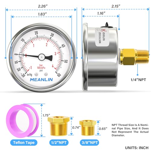 MEANLIN MEASURE -30inHG~60Psi Vacuum Gauge Stainless Steel 1/4" NPT 2" FACE DIAL Waterproof for Air Compressor HVAC Negative Pressure Hand Pump Pool Back Mount with 1/2" NPT and 3/8" NPT Hex Bushing -15-60Psi