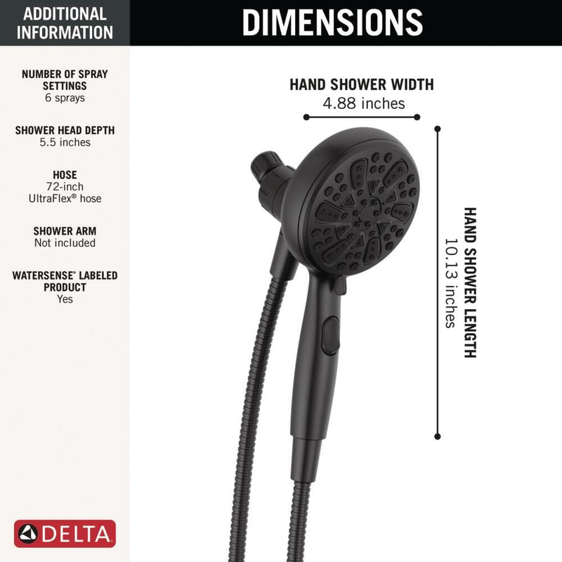 Delta Faucet 6-Spray SureDock Magnetic Shower Head with Handheld Spray, Matte Black Shower Head with Hose, Showerheads & Handheld Showers, MagnaTite Docking, Matte Black 75609BL