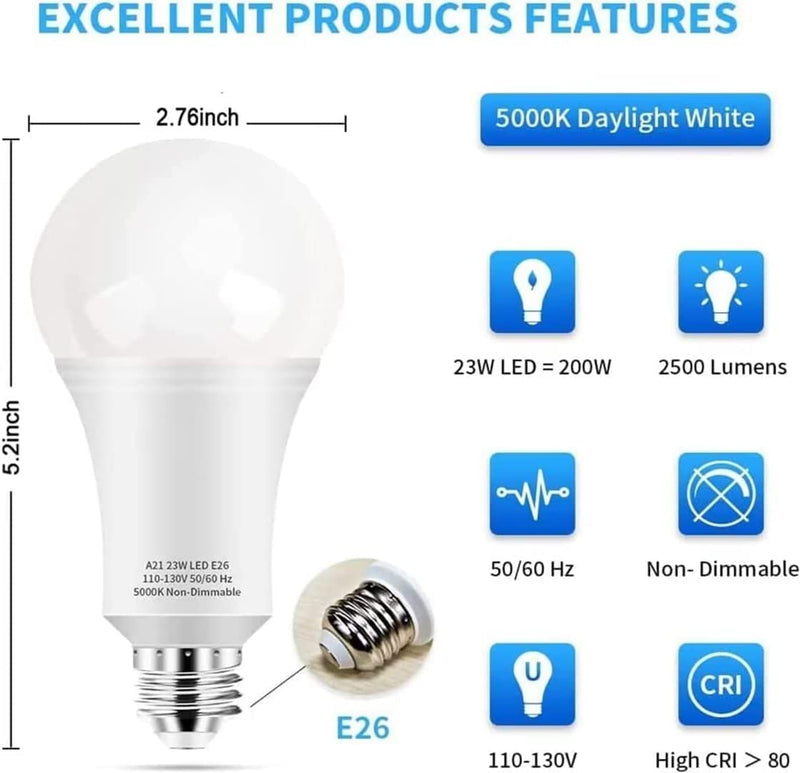LEDERA 150 Watt LED Light Bulbs, Daylight White 5000K, 2500 Lumens Super Bright LED Bulbs, E26 Base, A21 LED Bulbs 23W Energy Saving, Non-Dimmable Bulbs for Living Room Bedroom Garage Office, 12 Packs 12 Pack