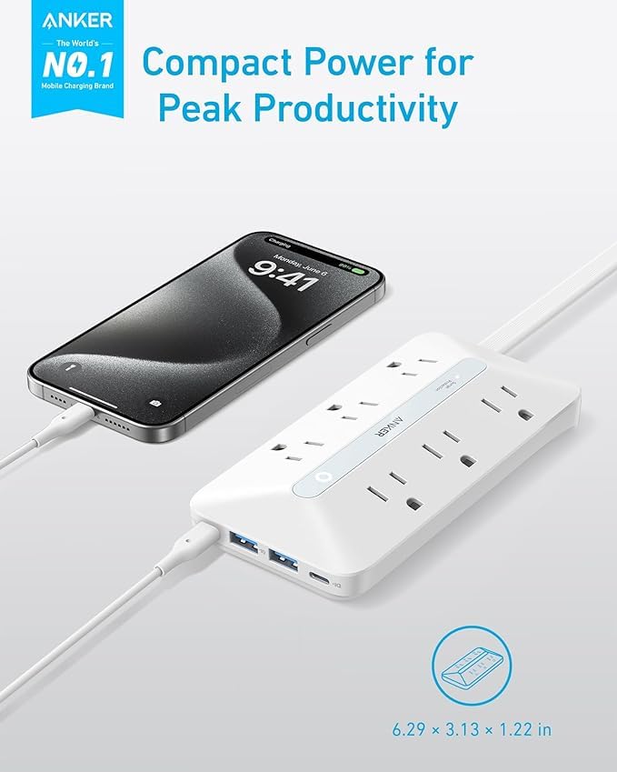 Flat Plug Power Strip(300J), Anker 20W USB C Power Strip, 10-in-1 Ultra Thin Power Strip with 6 AC, 2 USB A/2 USB C,10ft Extension Cord, Desk Charging Station,Home Office College Dorm Room Essentials 10FT White