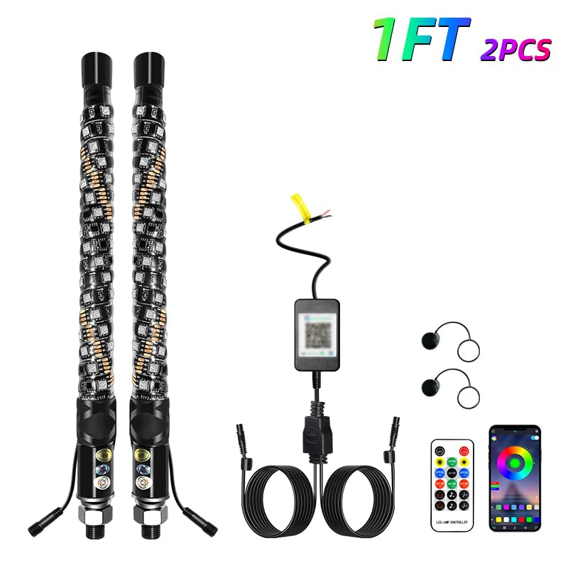 S7 2-pcs Whip Lights, LED Whip Light with App & Remote Control, Spiral RGB Chasing Lighted Antenna Whips,Whip Light for UTV ATV RZR SXS Can-Am Dune Buggy Offroad Truck (1ft) 1ft