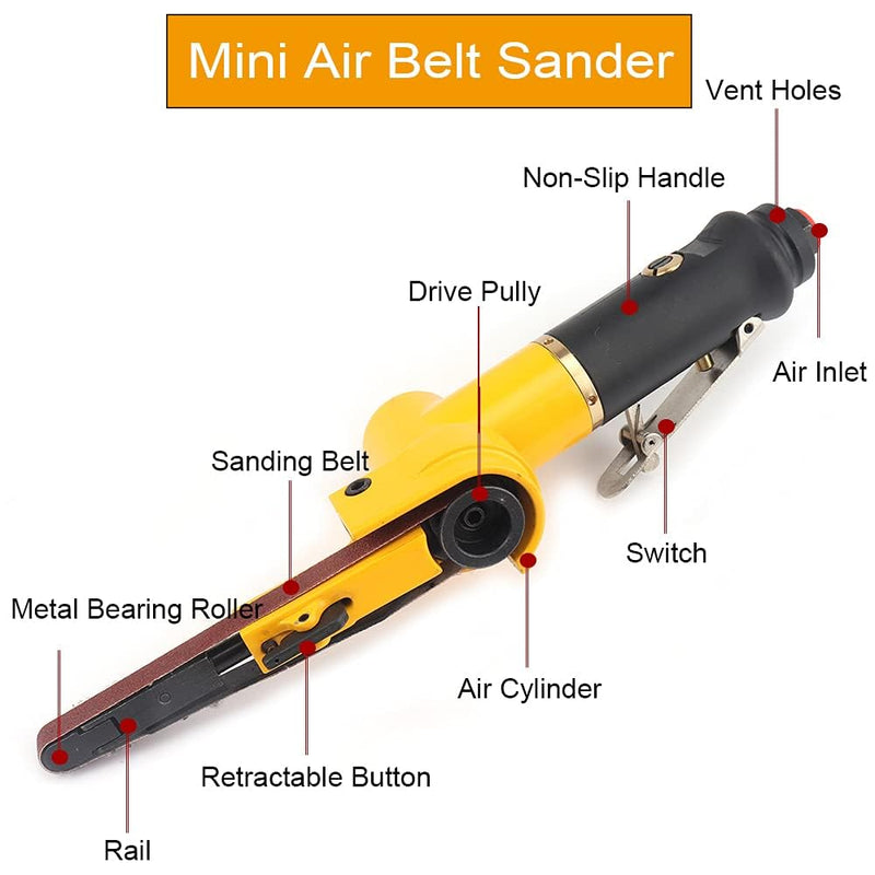 3/8" Pneumatic Belt Sander Set - 14pcs Belts, Grit 60/80/120, Mini Air Belt Grinder for Aluminium, Iron, Steel Metal Polishing