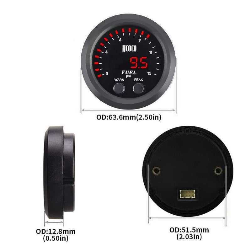 15PSI Fuel Pressure Gauge 2‑1/16in 52mm Ultra Thin Red LED Includes 1/8NPT Electronic Sensor - for Car & Truck