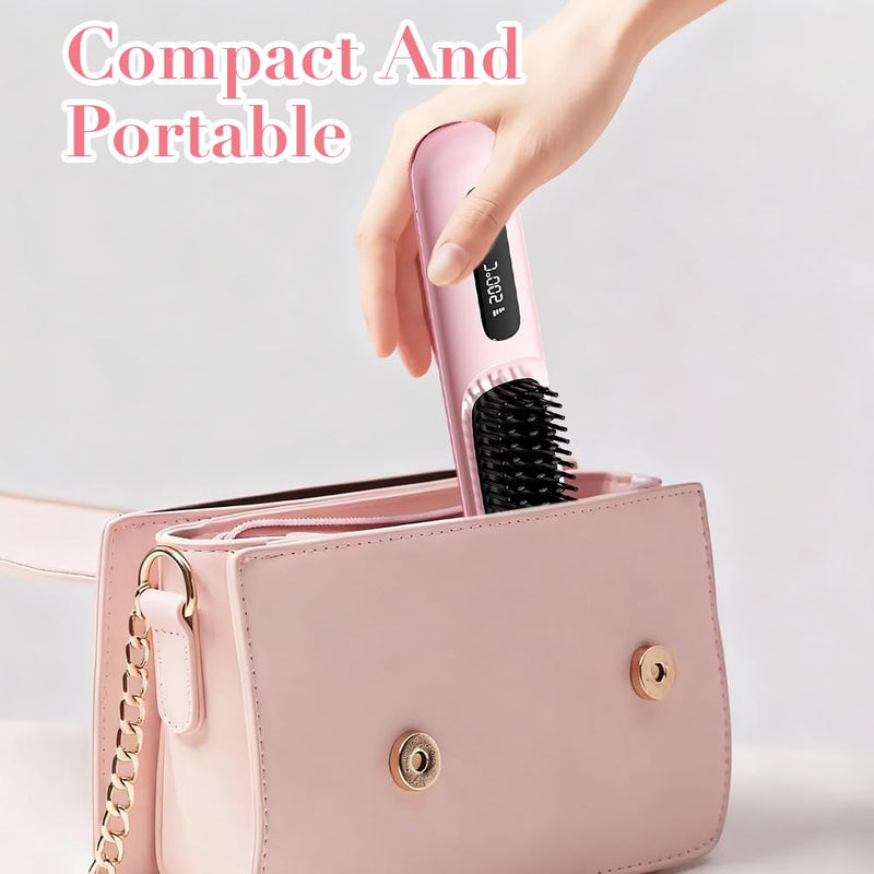 Glow Wave Heated Brush, 2026 Cordless Heated Brush for Short Hair, 3 Heat Settings & LED Screen, Portable & Rechargeable Heated Styling Brushes for Frizz-Free Styling, Travel & Everyday Use