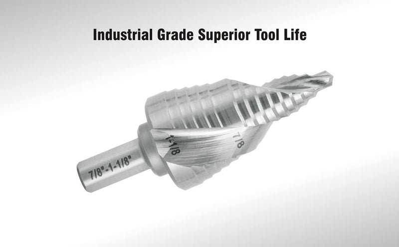 Industrial HSS Step Drill Bit 7/8'' to 1-1/8'' with 3/8'' Shank, Unibit Double Spiral Flute for Metal, Stainless Steel, Aluminum, Plastic 7/8'' to 1-1/8''
