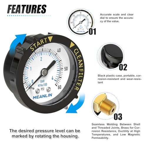 MEANLIN MEASURE 0~60Psi Plastic Frame 1/4" NPT Start and Clean Filter Pressure Gauge, Suitable for Swimming Pool, Spa, Aquarium (0-60Psi/0-4BAR/KIT, Center Back Mount) Back Mount / With adapter