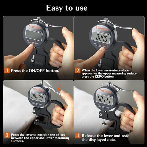 Digital Thickness Gauge 0.5 inch/12.7mm, 0.0005 inch/0.01mm Thickness Measuring Tool Meter with Inch/MM Conversion with Precise LCD Display, Suitable for Leather/Paper/Wire/Fabric/Film etc.
