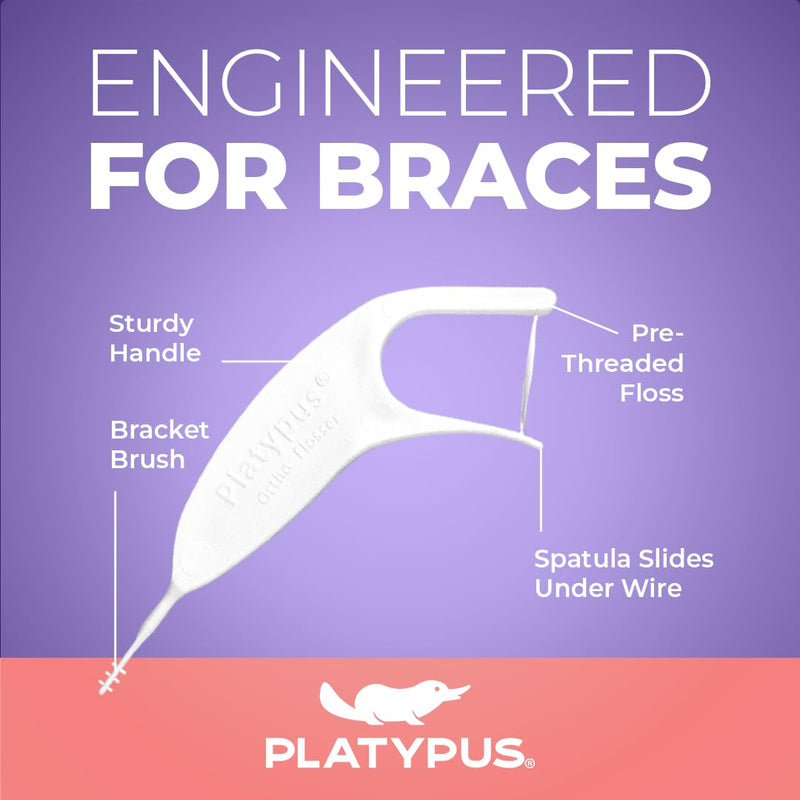 Platypus Orthodontic Flossers for Braces, 30 Count (Pack of 6), Ortho Picks for Adults & Kids, Fits Under Arch Wire, Non-Damaging, Encourage Flossing Habits Unflavored 30 Count (Pack of 6)