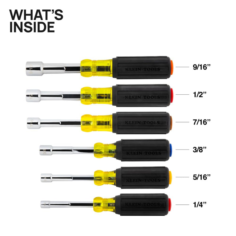 Klein Tools 65456MAG Heavy-Duty Hollow-Shaft Nut Driver Set, Magnetic, Color-Coded Hex Sizes 1/4 to 9/16-Inch, Cushion-Grip Handles, 6-Piece 6-Piece Set