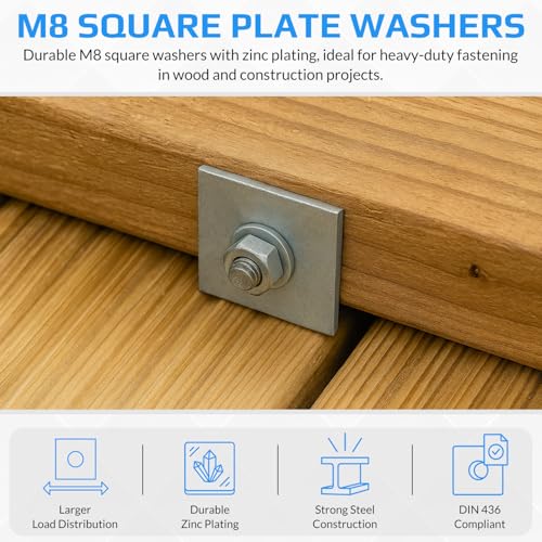 M8 Square Plate Washers (25 Pack), Zinc Plated Steel Rectangular Flat Washers, Timber Structural Reinforcement Framing Washers for Metric Bolts & Nuts, DIN 436 (8mm x 30mm / 0.315" x 1.181") 25 M8