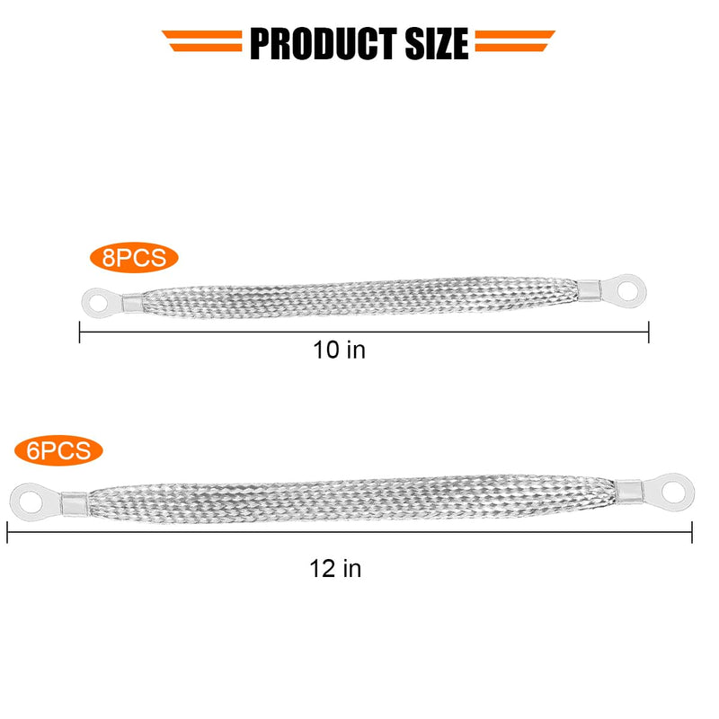 14PCS Car Ground Straps, 10/12 Inch Copper Tinned Braided Vehicle Engine Grounding Wire Strap with Ring Terminals, Auto Cable Connectors Accessories, Universal for SUV RV Truck