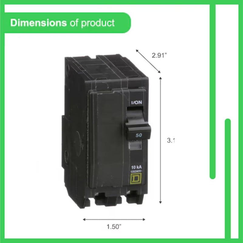 Genuine Square D QO250 Circuit Breaker Kit, 50 Amp (50A) Double Pole (2 Pole), 120/240V AC, 10kAIC, Plug-in Mount for QO Load Centers & Panels, Visi-Trip Indicator, New Replacement 50 Amp Kit