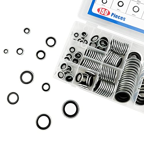150 Pieces Automotive Self-Centered Bonded Seal Gasket Assortment Kit Bonded Seal Oil Washer Assortment Kit (150PCS) 150PCS