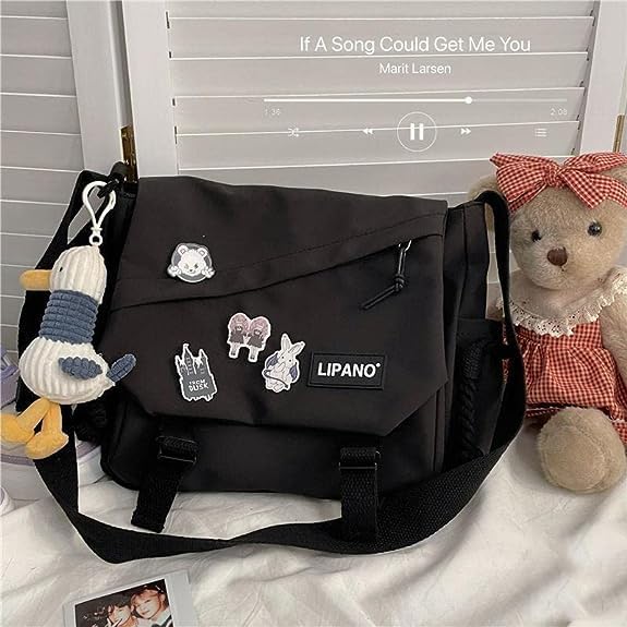 Aesthetic Crossbody Bag with Cute Pins and Ornament, Nylon Shoulder Messenger Bag Japanese Kawaii Bag for Women Men L-black-fit Laptop