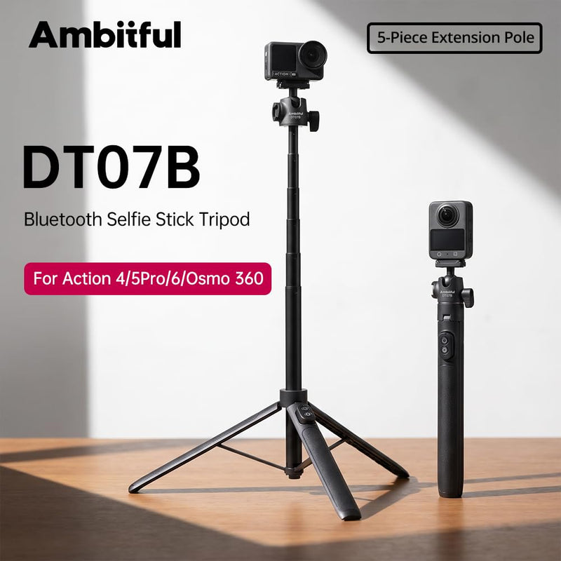 Ambitful Bluetooth Tripod Selfie Stick, Magnetic Mount for DJI Osmo（DT07B | 13.3-55.1inch in Extendable,2-in-1 Tripod and selfie stick For DJI Osmo Action Cameras,360 ball head, 1.5kg load DT07 DT07B Extended