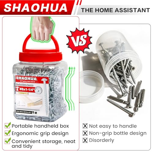1200 Pcs #8 1-1/4" Pocket Hole Screws, Coarse Thread for Furniture, Cabinets, Compatible with Kreg Jig, Zinc Plated Pocket Screws for Indoor Use, Portable Handheld Box w/ SQ2 Square Drive Bit A. #8 1-1/4"