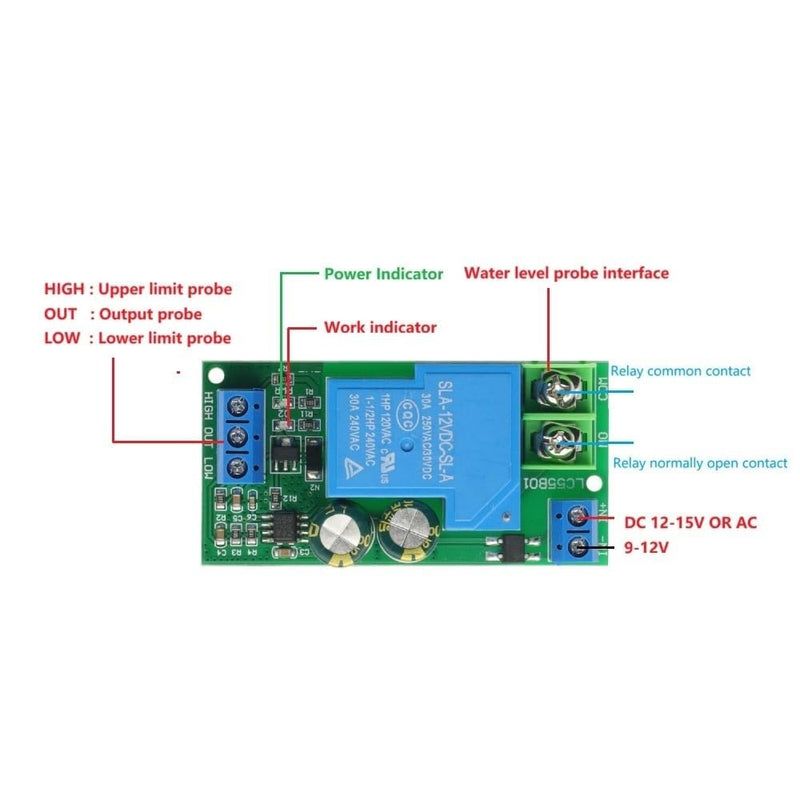 30A High Power 12V Water Level Automatic Controller Liquid Sensor Switch Solenoid Valve Motor Pump Automatic Control Relay Board