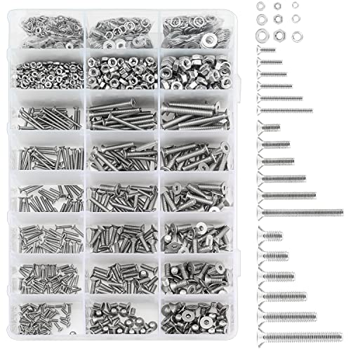 HELIFOUNER 1500 Pieces M2 M3 M4, 304 Stainless Steel Countersunk Head Socket Cap Metric Screws Bolts Washers Nuts Hardware Assortment Kit with Hex Wrenches