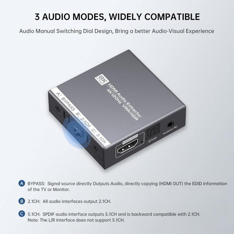8K HDMI 2.1 Audio Extractor 4K@120Hz/8K@60Hz, HDMI to Optical and 3.5mm Audio Adapter for PS4/5, Fire Stick, Speakers, Headphones, Blu-ray Player