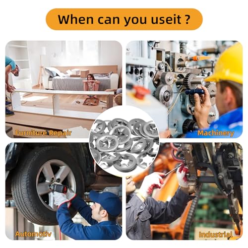 370Pcs Stainless Steel Internal Tooth Star Lock Washers Set, M2 M2.5 M3 M4 M5 M6 M8 M10 M12 Quick Speed Locking Washers Assortment Kit, 9 Size Push on Locking Washer (Silver) Silver