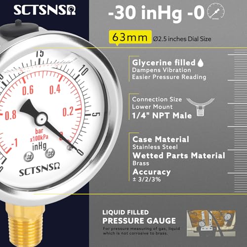 30 inHg-0 Pressure Gauge, Liquid Filled, 1/4" NPT Lower Mount -30 inHg-0