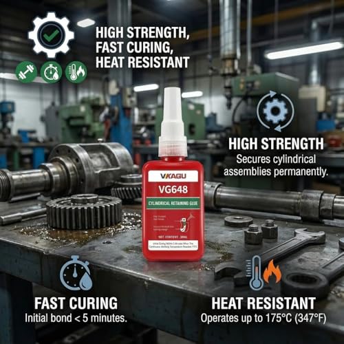 VG648 Retaining Compound, High Strength Anaerobic Adhesive for Cylindrical Assemblies, Bearings, Shafts & Gears - High Temp (350°F), Fast Curing, Green, 1.69 fl oz VG648 1 Pack