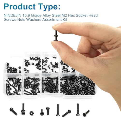 NINDEJIN M2 Screws, Metric M2-0.4 Flat Head Allen Socket Drive Screw, 452 pcs M2 Tiny Nuts Assortment Kit for 3D Printing Projects, RC Airplanes and Other Small Projects (9 Screw Lengths) 452Pcs M2 3mm-20mm