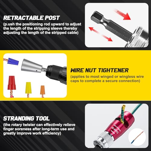 10-14 AWG Wire Stripper & Wire Twister Tool for Drill, with 2 Replacement Blades & 70 Wire Nuts, Fits 1/4" Hex Shaft, AWG 14-12-10 Cable Stripper kit with Storage Case for Wiring Projects & DIY 6Pcs