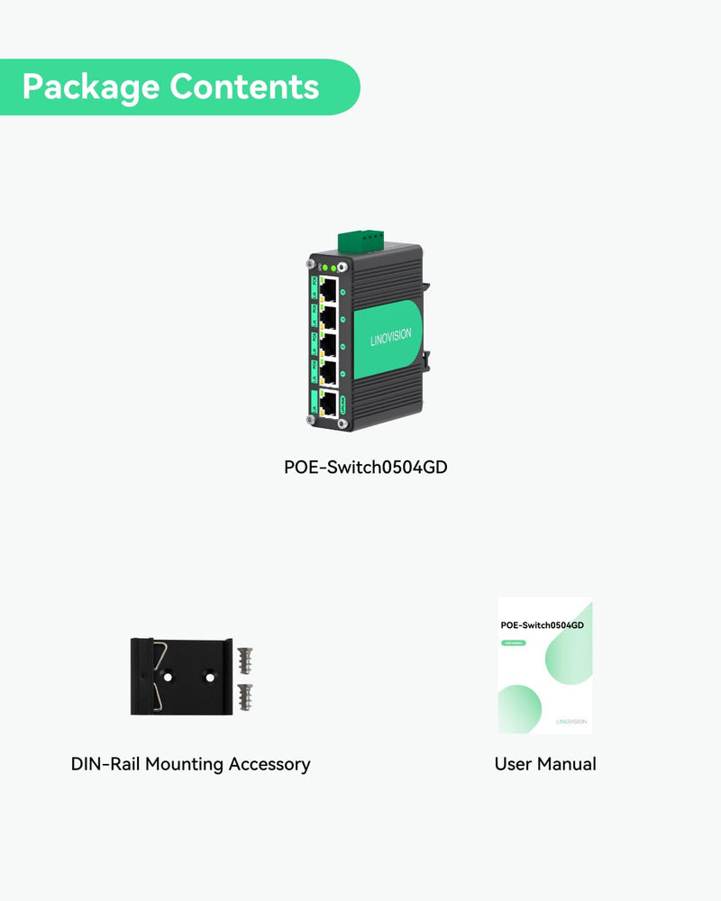 LINOVISION Industrial 5 Ports Gigabit Solar PoE Switch Support DC9V-54V to DC48V PoE, 4 x IEEE802.3af/at 30W PoE Ports @120W, IP40, Compact PoE Power for Solar Power/RV Truck/VoIP Systems 1