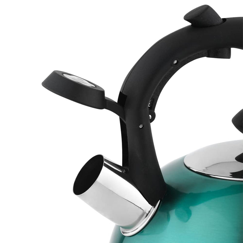 Amazon Basics Stovetop Whistling Tea Kettle, Fast Boiling, Stainless Steel, Food Grade, Ergonomic Handle, 2.3 Liter, Teal 2.3 Liters