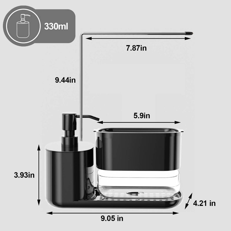 Kitchen Soap Dispenser Set with Tray and Sponge Holder, Dish and Hand Soap Dispenser with Dishcloth Holder 4-in-1 Kitchen Sink Countertop Storage Organizer, Useful Kitchen Gadgets -Black Black