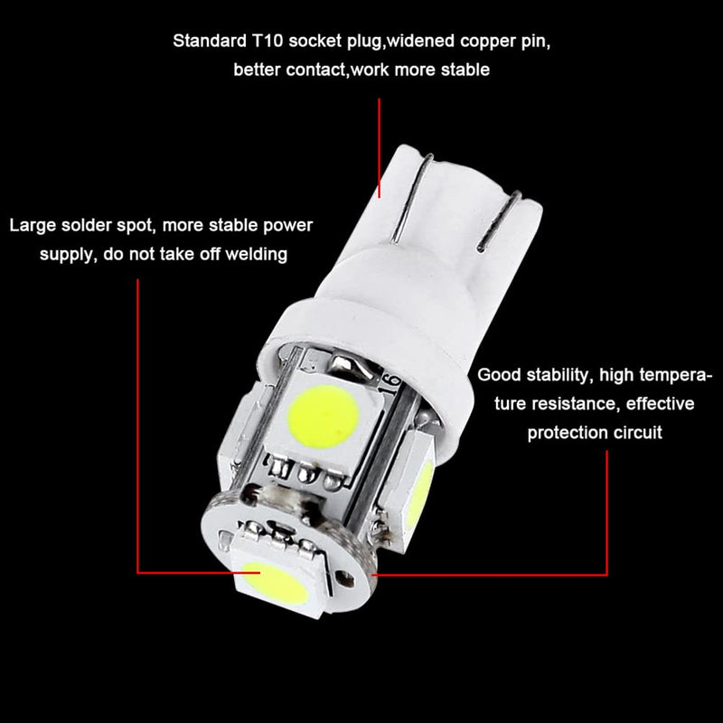 cciyu (10) T10 5-5050-SMD PC194 LED Bulb Instrument Panel Cluster Dash Light Twist Lock Socket (white) white