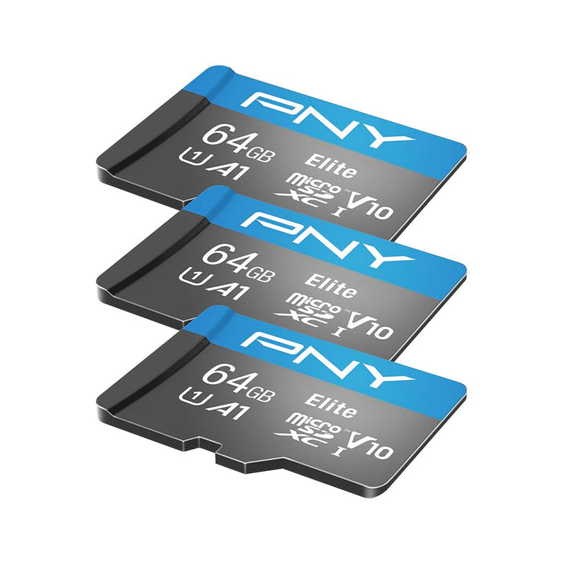 PNY 64GB Elite Mobile Accessories Class 10 U1 V10, A1 microSDHC Flash Memory Card for Mobile Devices - 100MB/s, Full HD, UHS-I, Micro SD 3-Pack 64GB 3-Pack