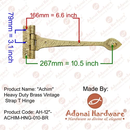Adonai Hardware Achim Heavy Duty Brass Vintage Strap T Hinge (12" x 2 Pack, Polish Lacquered) for Wooden Barn Front Entry Doors, Gates, Garages, Shutters, Furniture, Fences, Farmhouse 12" x 2 Pack - T Hinge (Brass)