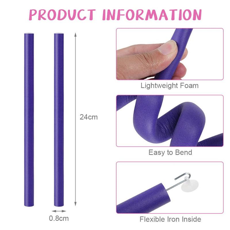 AOOWU 10 Pcs Flexible Hair Curler, Soft Foam Rollers Flexi Rods for Short Medium Long, Rubber Twist Roller, Heatless Sleeping Hairstyle DIY Home Salon, Purple, 1.4cm 10 pcs - Purple