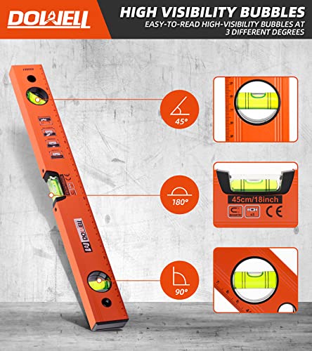 DOWELL 18 Inch Magnetic Spirit Level, Torpedo Level, Leveler Tool 18in(450mm)
