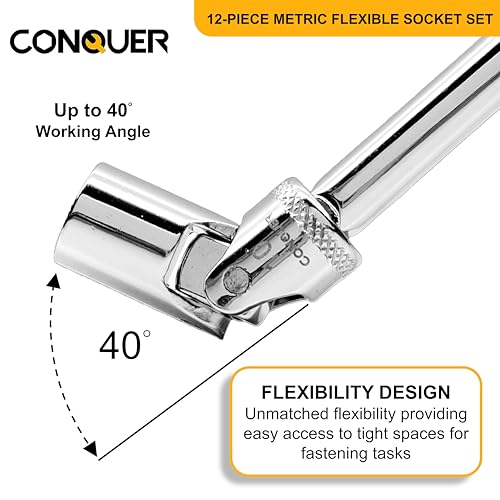 CONQUER 12 Pc 1/4-Inch Drive Metric Flex Socket Set