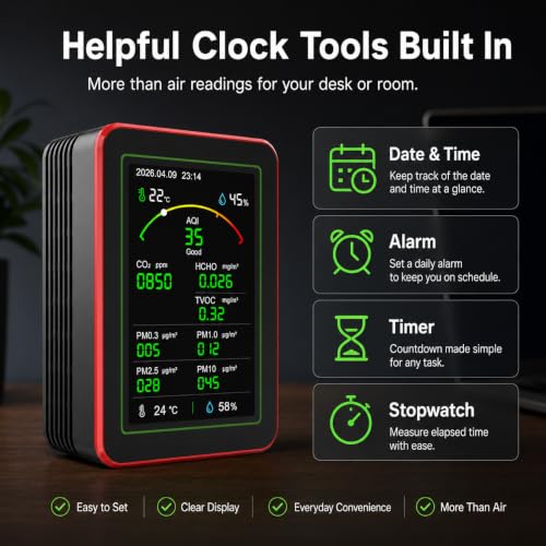 Professional 15-in-1 Air Quality Monitor with Smartphone APP - Dual Chip - Monitors CO₂ and Indoor Air Quality (CO₂), HCHO,TVOC,PM0.3,PM1.0,PM2.5,PM10,AQI,Temp and Humidity for Home,Office and Car Use Red