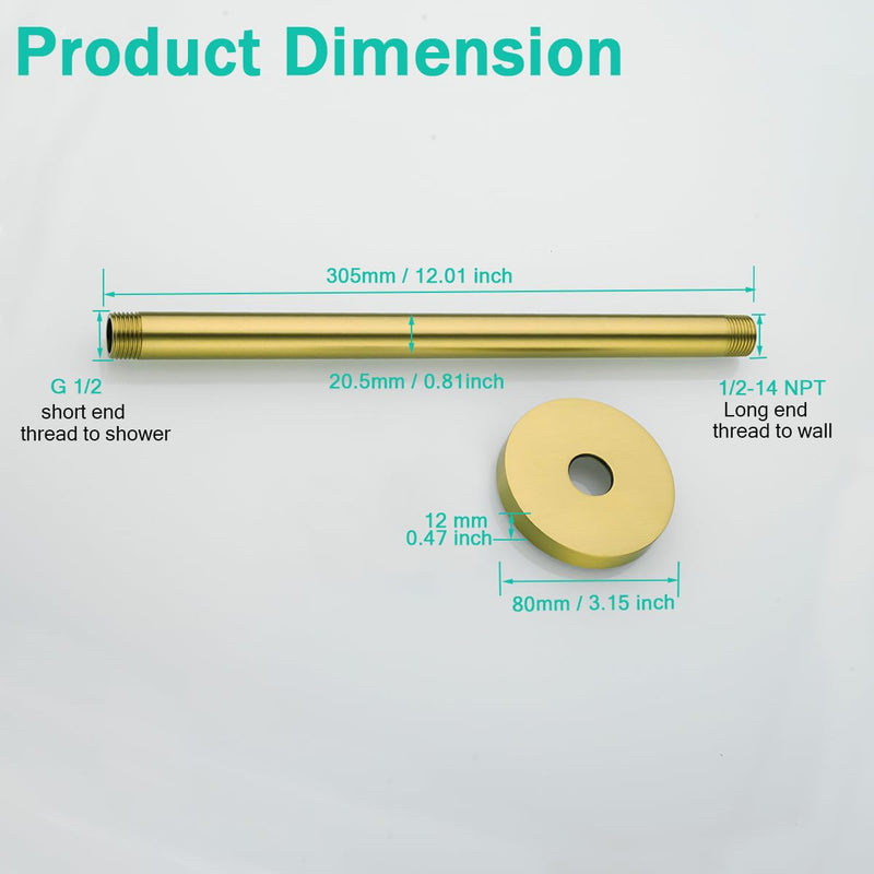 Shower Arm with Flange, 12 Inch Ceiling Mounted Fixed Shower Pipe, Bathroom Straight Rain Shower Replacement Arm, Universal Connection 1/2,Champagne Bronze Finish,SE-RD91038-12CB Round Flange-12″Champagne Bronze