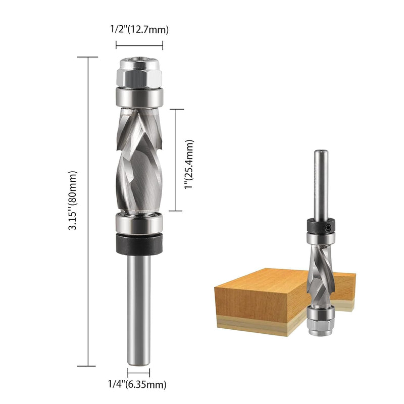 Compression Spiral Flush Trim Router Bit 1/4" Shank with Top and Bottom Bearing,1/2" Cutting Dia, Compression Flush Trim Bit for Wood Trimming Template Router Bit and Pattern Work Router Bits 1/2" Cutting Dia 1/4" Shank