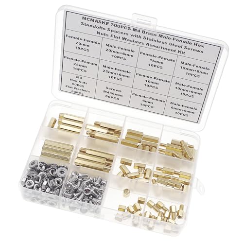 300PCS M4 Brass Male-Female Hex Standoffs Spacers Screws Nuts Flat Washers Assortment Kit;Female Lengths:6mm to 25mm