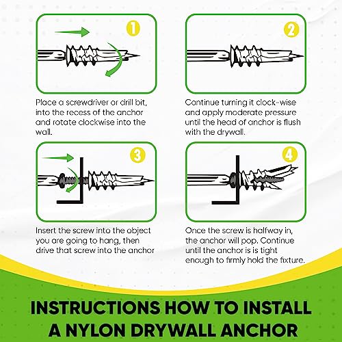 Drywall Anchors Plastic Self-Drilling - Wall Anchors for Drywall Pack Includes 25 Large and 25 Small Anchors With Fitting Phillip Zinc Screws, Hold up to 30-60 Lb. No Pre Drill Hole Required (Plastic)