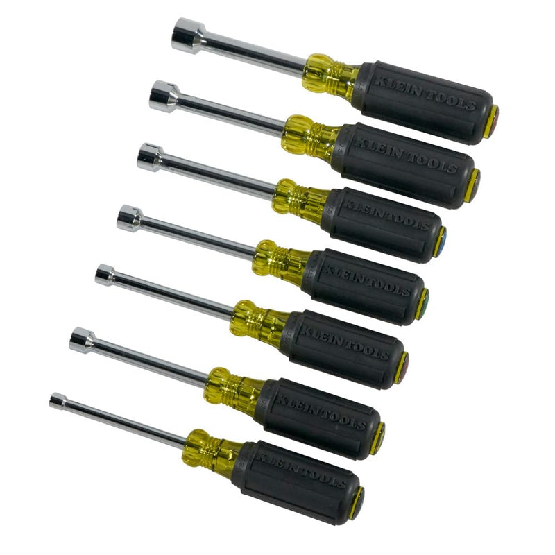 Klein Tools 631 Tool Set, Made in USA, Nut Driver Set w/Hex Nut Sizes 3/16, 1/4, 5/16, 11/32, 3/8, 7/16 and 1/2-Inch on 3-Inch Full Hollow Shaft, 7-Piece Non-Magentic