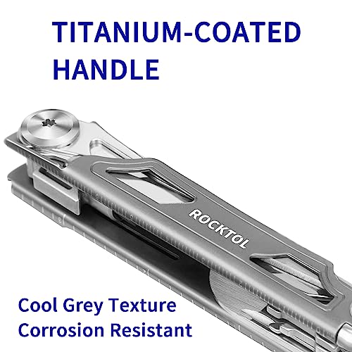 ROCKTOL Pocket Multitool ST02, VG-10 Blade, 12-in-1 Multi tool Knife,Titanium-Plated Handle,Pocket Clip,Large Scissors, Multi-tool for Camping, Hiking, Survival, EDC Gadget for Men Titanium Grey