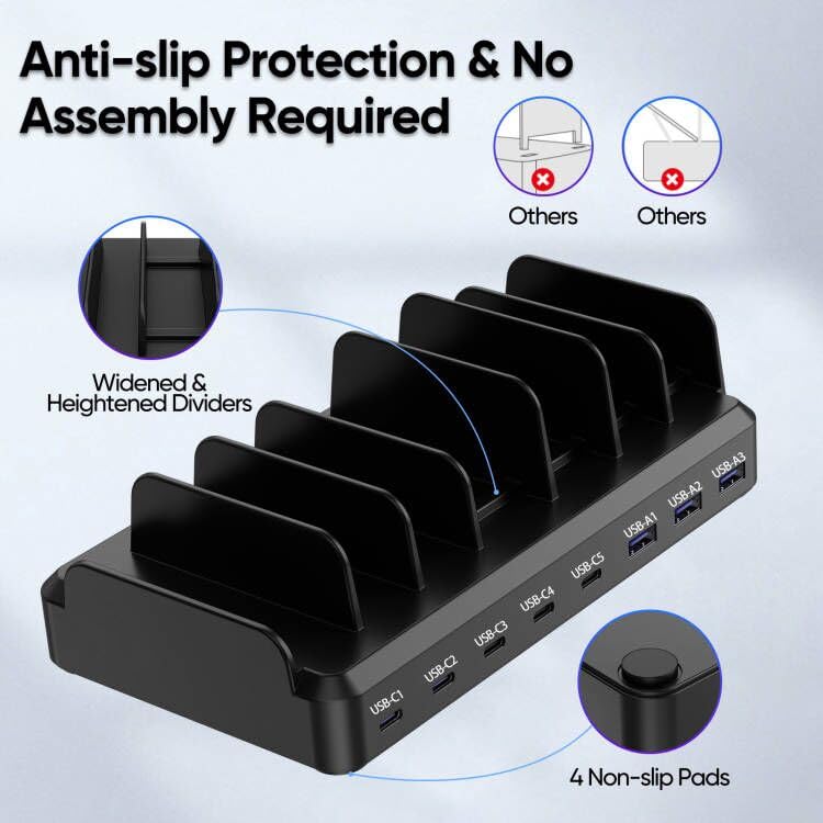 Lcssio 300W Charging Station for Multiple Devices, 8 Port Fast Charger | Fast Charging, Safety Certified, Compact Design, Organized Charging, Multiple Devices at Once, With 6 Cables Black