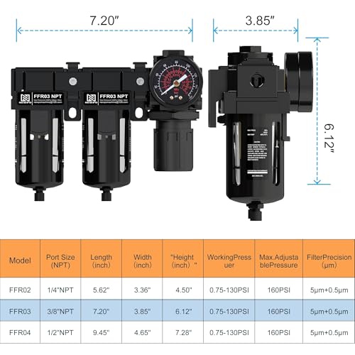NEWPO 3/8'' NPT Air Drying System, Double Brass Filter Compressed Air Regulator, Air Pressure Regulator Combo 5&5 Micron Filter Cartridge,Semi-Auto Drain 5&5 brass-3/8" NPT